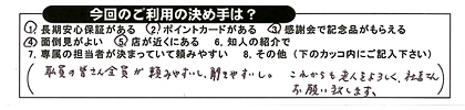 職員の皆さん全員が頼みやすいし聞きやすい。これからも老人をよろしく、社長さんお願いいたします。